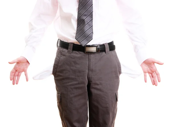 Homem de negócios mostrando seus bolsos vazios, isolado em branco — Fotografia de Stock