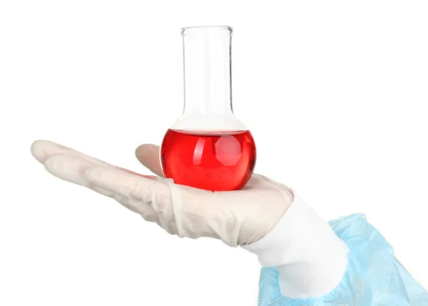 Glass tube with fluid in scientist hand during medical test isolated on white — Stock Photo, Image