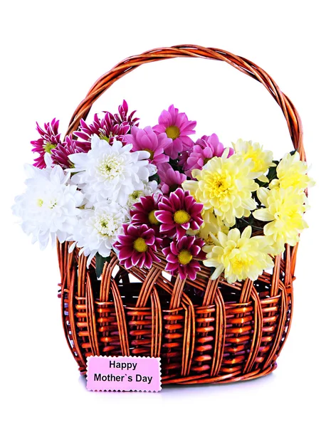 Bouquet of beautiful chrysanthemums in wicker basket isolated on white — Stock Photo, Image