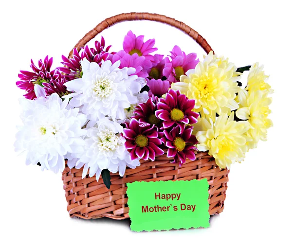 Букет красивых хризантем в плетеной корзине, изолированной на белом — стоковое фото