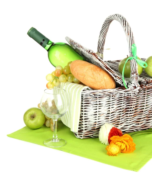 Picnic basket with fruits and bottle of wine, isolated on white — Stock Photo, Image