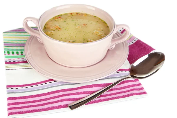 Поживний суп з овочами на сковороді ізольований на білому — стокове фото