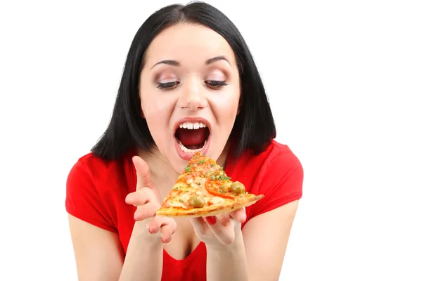 Beautiful girl wants to eat pizza isolated on white — Stock Photo, Image