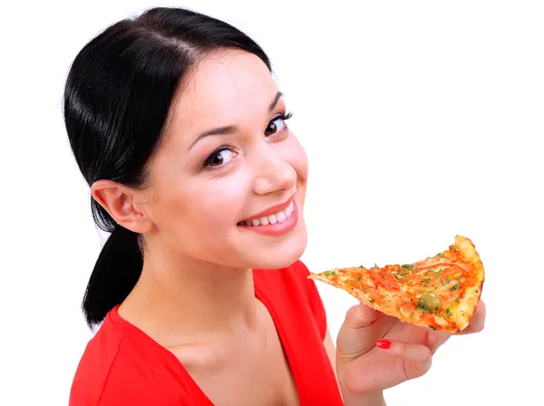 Beautiful girl eats pizza close-up isolated on white Royalty Free Stock Photos