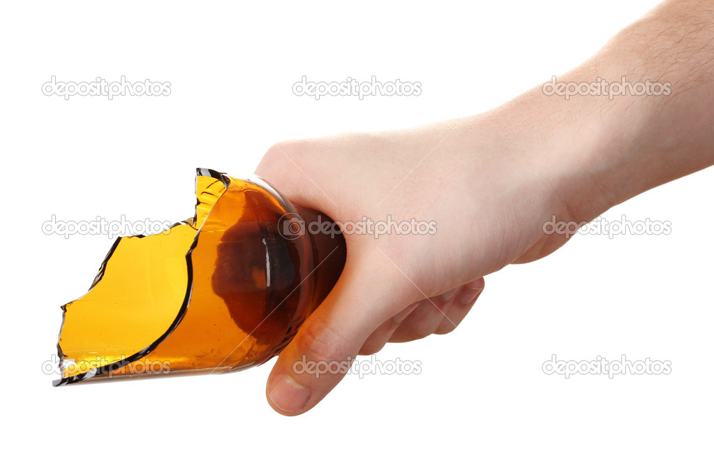 Male hand with broken glass bottle, isolated on white