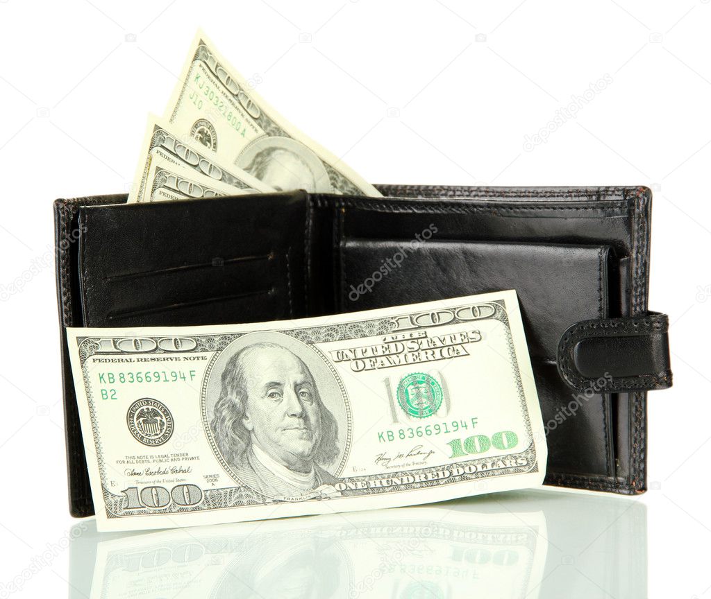 Wallet with hundred dollar banknotes, isolated on white