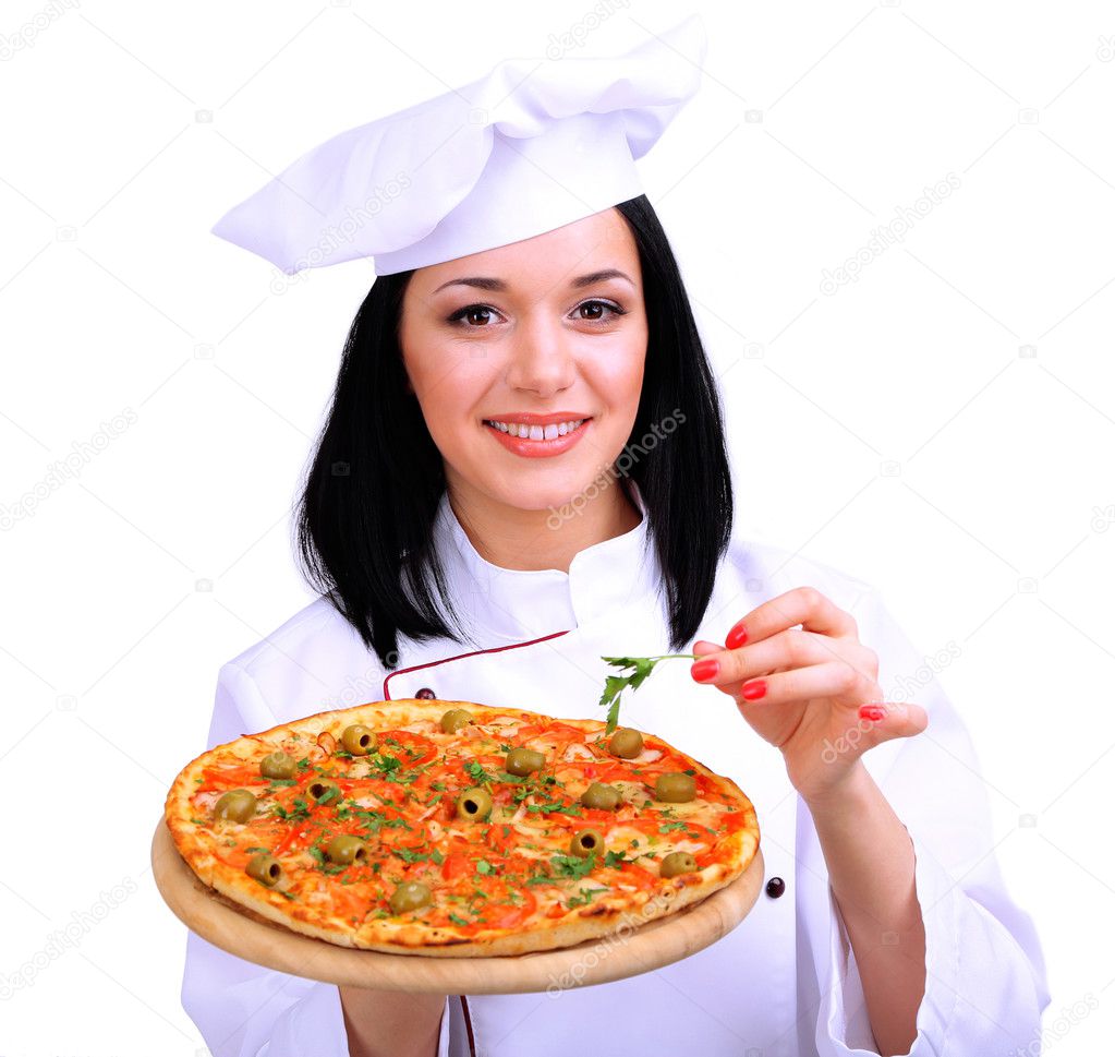 Beautiful girl chief-cooker with pizza isolated on white
