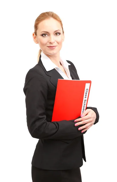 Retrato de la maestra con horario de clase, aislada en blanco — Foto de Stock