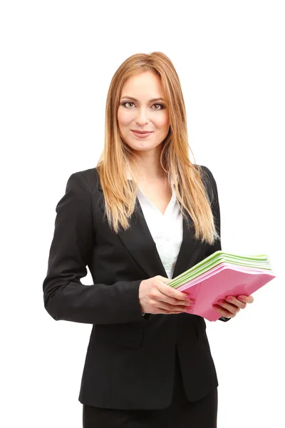 Portrait of teacher woman with notebooks, isolated on white — Stock Photo, Image