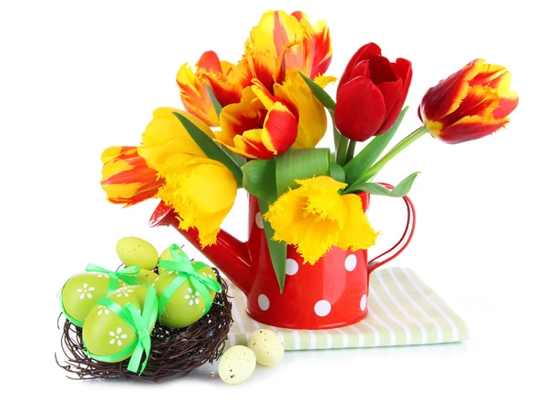 Easter composition with fresh tulips and easter eggs isolated on white — Stock Photo, Image