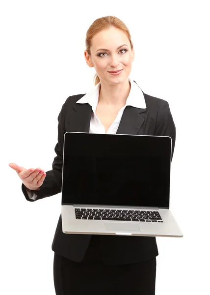 Retrato de professora mulher com laptop, isolado em branco — Fotografia de Stock