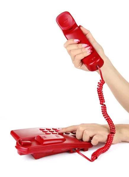 Γυναικείο χέρι με περιστροφικές τηλεφωνικό μικροτηλέφωνο, που απομονώνονται σε λευκό — Φωτογραφία Αρχείου
