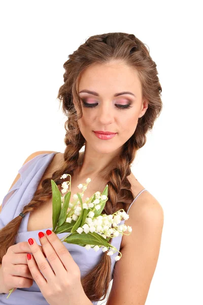 美しいヘアスタイルおよび花、白で隔離される若い女性 — ストック写真