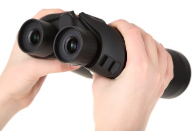 beyaz izole ellerinde siyah modern dürbün