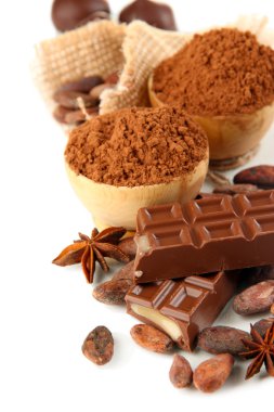 çikolatalı tatlılar, kakao ve baharat üzerine beyaz izole, kompozisyon