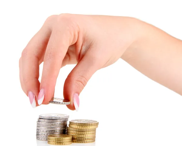 Woman hand with coins, isolated on white — Stock Photo, Image