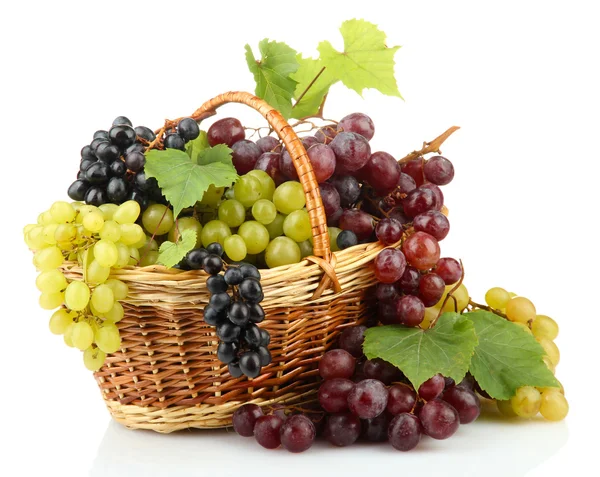 Assortment of ripe sweet grapes in basket, isolated on whit — Stock Photo, Image