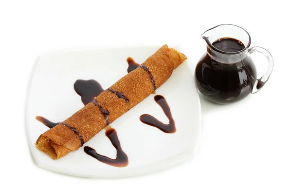 Panqueques dulces en plato con leche condensada aislada en blanco —  Fotos de Stock