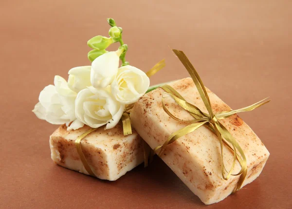 Natural handmade soap, on brown background — Stock Photo, Image