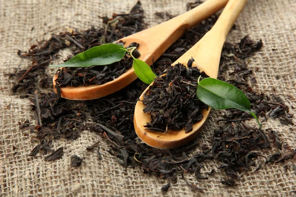 Suchý čaj s zelenými listy v dřevěné lžíce, na pozadí pytlovina — Stock fotografie