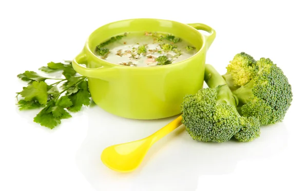 Diet soup with vegetables in pan isolated on white — Stock Photo, Image