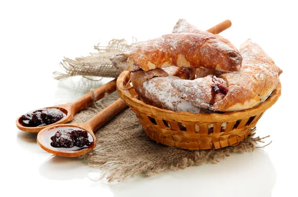 Taste croissants in basket and jam isolated on whit — Stock Photo, Image