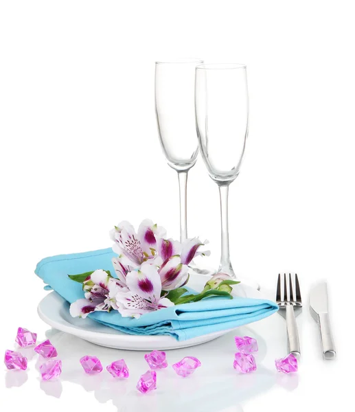 Festive table setting with flowers isolated on white — Stock Photo, Image