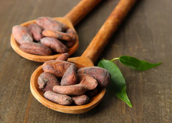 Fagioli di cacao con foglie in cucchiai su sfondo di legno — Foto Stock
