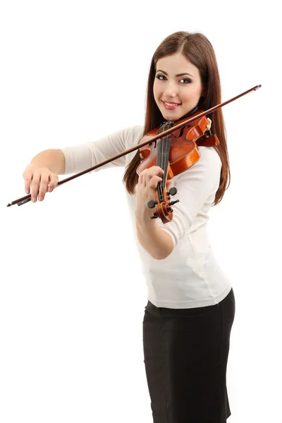 Όμορφη νεαρή κοπέλα με το βιολί, απομονωμένα σε λευκό — Φωτογραφία Αρχείου