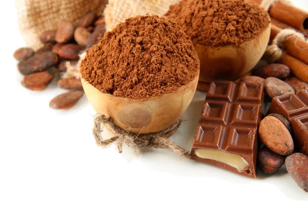 Samenstelling van chocolade snoepjes, cacao en specerijen, geïsoleerd op wit — Stockfoto