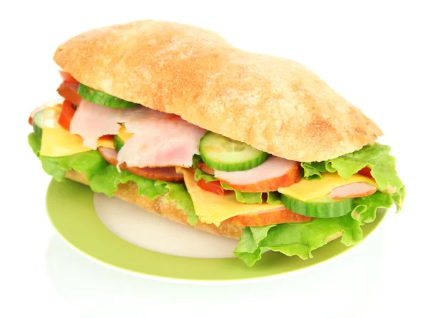 Fresh and tasty sandwich with ham and vegetables isolated on white — Stock Photo, Image