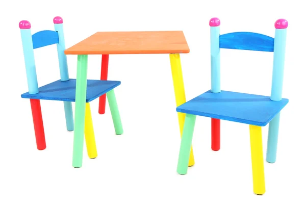 Small and colorful table and chairs for little kids isolated on white — Stock Photo, Image