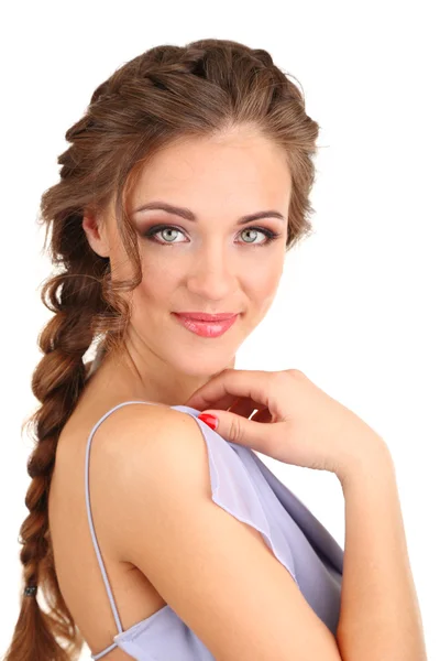 Jeune femme avec une belle coiffure, isolé sur blanc — Photo