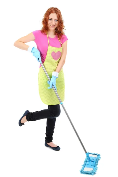 Young housewife with mop, isolated on white — Stock Photo, Image