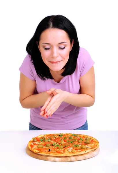 Güzel kız beyaz izole pizza yemek istiyor. — Stok fotoğraf