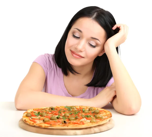 Schönes Mädchen will Pizza isoliert auf weiß essen — Stockfoto