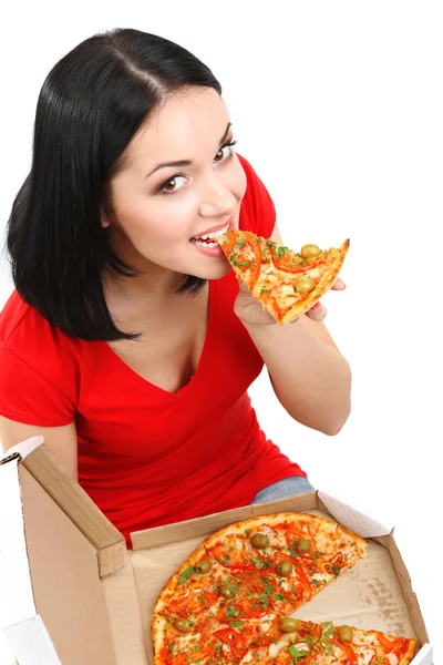 Beautiful girl eats pizza isolated on white — Stock Photo, Image