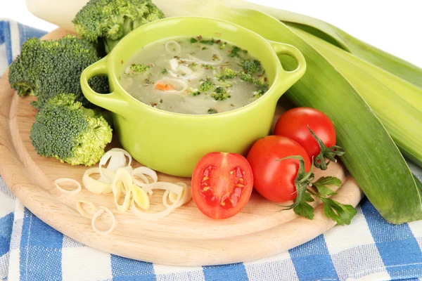 Diet soup with vegetables in pan isolated on white — Stock Photo, Image