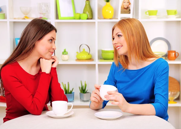 Two girl friends talk and drink tea in kitchen — Stock Photo, Image