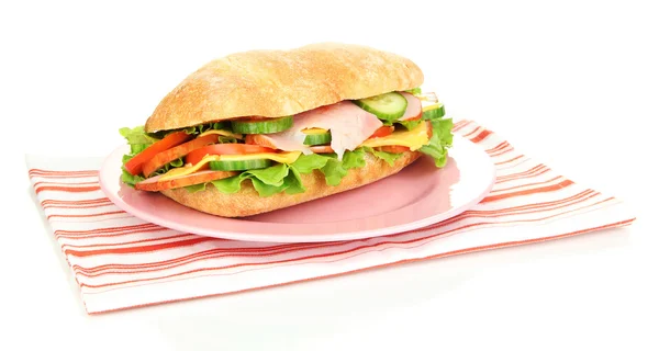 Sandwich fresco y sabroso con jamón y verduras aisladas en blanco — Foto de Stock