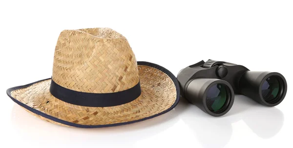 Zwarte moderne verrekijkers met stro hoed, geïsoleerd op wit — Stockfoto