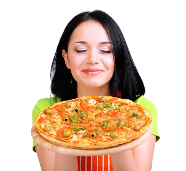 Tjej hemmafru med läckra pizza isolerad på vit Stockbild