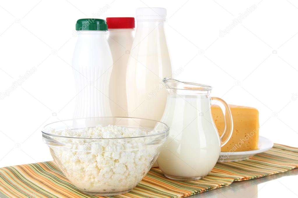 Dairy products on napkin isolated on white