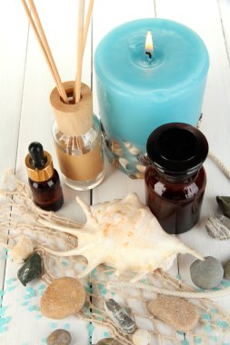 composición del spa del mar en primer plano de la mesa de madera