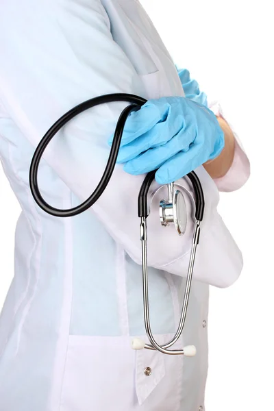 Docteur avec stéthoscope à la main. isolé sur blanc — Photo