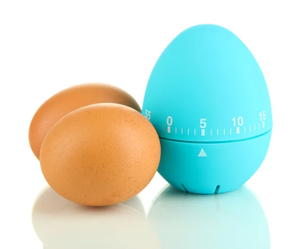 Blauwe ei timer en eieren, geïsoleerd op wit — Stockfoto