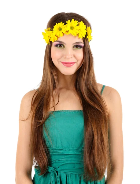 Young beautiful girl in green dress with bright wreath on her head, isolated on white — Stock Photo, Image