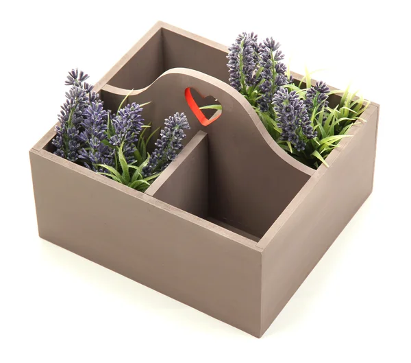 Hermosas flores dispuestas en caja de madera aislada en blanco — Foto de Stock