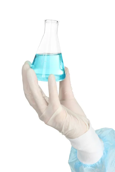 Glass tube with fluid in scientist hand during medical test isolated on white — Stock Photo, Image