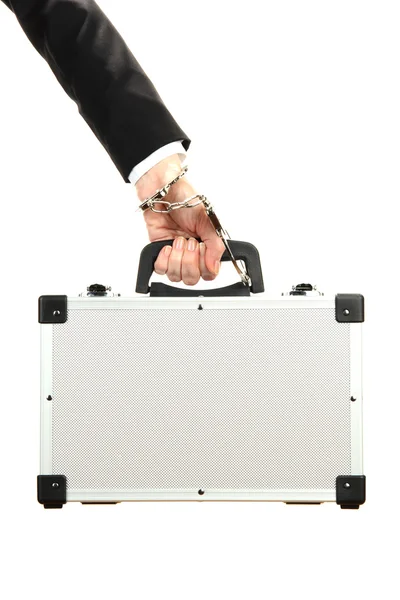 Hand with handcuff and suitcase, isolated on white — Stock Photo, Image